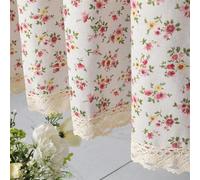 Moslovstar Farmhouse Cotton Linen Tier Curtain 27.5 Inch Long Elegant Floral Lace Window Treatment Kitchen Bathroom Short Curtain, 1 Panel, Little Pink Flower