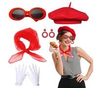 MOSNOW 5pcs French Fancy Dress Set,French Artist Mime Kit with Red Beret,Sunglasses,Scarf,Gloves,Earings,1950s Accessories for Women Party Dress Up,Cosplay Supplies,French Theme Party