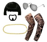 MOSNOW 5pcs Ibiza Final Boss Costume Accessory Set for Men - Complete Funny Fancy Dress Kit with Wig, Goatee, Sunglasses, Gold Chain & Tattoo Sleeve - Party Costume for Men