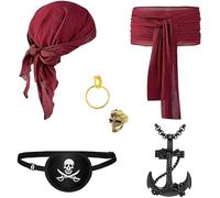 MOSNOW 6 Pieces Pirate Costume for Adults, Women and Men, Renaissance Red Bandana and Waist Belt, Pirate Eye Patch, Black Anchor Necklace, Ring Earrings for Fancy Dress and Cosplay