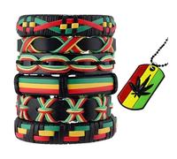 MOSNOW 6PCS Retro Jamaican Reggae Style Leather Bracelets and 1PC Maple Leaf Pendant Necklace Set, Handmade Bohemian Jewelry for Men Women,Vintage Punk Rock Accessories with Adjustable Design