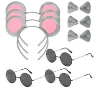 MOSNOW 9pcs Blind Mouse Costume Set (3 Headbands + 3 Bow Ties + 3 Sunglasses), Plush Mouse Ears Headbands & Accessories for Women, Three Blind Mice Costume for Themed Parties
