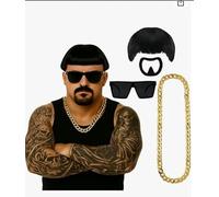 MOSNOW Costume Kit - Funny Fancy Dress with Bowl Cut Wig, Tattoo sleeve,Goatee & Gold Chain | Stag Do Outfit & 90s Party Costume Accessories for Men