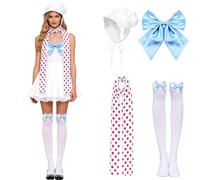 MOSNOW Polka Dot Bow Women's Shepherd Costume 3-Piece Set - Headpiece, Polka Dot Scarf & Blue Bow Knee High Socks for Cosplay, Christmas Party