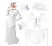 MOSNOW Women's 4PCS Colonial Pilgrim Costume Set - Classic White Mob Cap Bonnet, Wrap, Ruffle Waist Apron & Gloves for Historical Reenactment, Maid Cosplay Fancy Dress