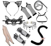 MOSNOW Women's Cat Costume Accessory Set, 9PCS Gothic Elegant Mysterious Catwoman Role Play Outfit for Theme Parties, Adult Women