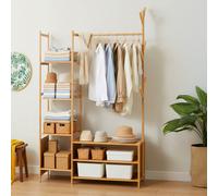 Moso Bamboo Coat Rack w/ Hanging Rod & Shelves, 100cm W, Natural Color