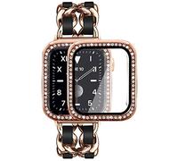 Mosonio Compatible for Apple Watch Band 45mm Series 7 with Screen Protector Case Women, Jewelry Bracelet Metal Strap with 2-Pack Bling Cover for 45mm iWatch Series 7(Rose Gold Link with Black Leather)