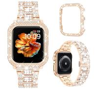Mosonio Compatible with Apple Watch Band 44mm with Shiny Metal Case for Women, Bling Metal Wristband Strap with 1 Pack Shiny Metal Protective Cover for iWatch SE Series 6/5/4(Rose Gold, 44mm)