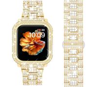 Mosonio Compatible with Apple Watch Band 45mm with Shiny Metal Case for Women, Bling Metal Wristband Strap with 1 Pack Shiny Metal Protective Cover for iWatch SE Series 9/8/7(Gold, 45mm)