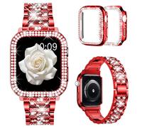 Mosonio Compatible with Apple Watch Band Series 41mm with Case Women, Jewelry Replacement Metal Wristband Strap with 2 Pack Bling PC Protective Cover for iWatch 41mm Series 9 8 7(Red)