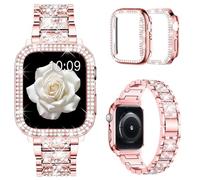 Mosonio Compatible with Apple Watch Band Series 9/8/7 41mm with Case Women, Jewelry Replacement Metal Wristband Strap with 2 Pack Bling PC Protective Cover for iWatch 41mm Series 9/8/7(Pink)