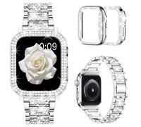 Mosonio Compatible with Apple Watch Band Series 9/8/7 45mm with Case Women, Jewelry Replacement Metal Wristband Strap with 2 Pack Bling PC Protective Cover for iWatch 45mm Series 9/8/7(Silver)