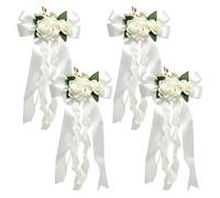 MospdyGear 4 PCS Just Married Car Door Handle Decorations, White Artificial Flowers with Elegant Ribbon Bows, Ideal Automotive Accessories for Weddings