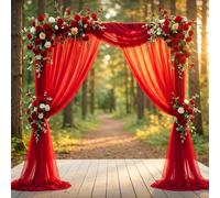 MospdyGear Red Wedding Arch Draping Fabric 1 Panel 63‘’ x 32Ft (1.6m x 10m) Tulle with Ribbons and Zip Ties for Wedding Decoration, Elegant Sheer Backdrop for Ceremony and Events