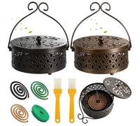 Mosquito Coil Holder 2-Pack with Cleaning Brushes, Retro Metal Incense Burner with Lid, Portable Outdoor Coil Case for Patio Camping Garden Fire-Resistant Enclosed Ash Catcher Black & Bronze (Diamond)