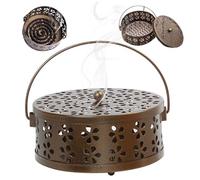 Mosquito Coil Holder Metal Incense Coil Holder with Lida and Handle Classical Hollow Floral Design Portable Spiral Incense Burner for Home Outdoor Canmping.