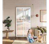 Mosquito Door Screen 112 x 110 cm with Magnets, Magic Tapes, Polyester Fly Screen Curtain Lets Fresh Air, Easy to Install Pet and Kid Friendly, White