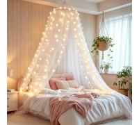 Mosquito Net Bed Canopy, Bed Cover with 100 LED String Lights, Oversized Hanging Queen Canopy Bed Curtains Princess Mosquito Net for Adults, Double Bed Accessories (White)