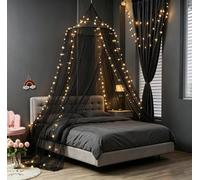 Mosquito Net Bed Canopy, Bed Cover with 100 LED String Lights, Oversized Hanging Queen Canopy Bed Curtains Princess Mosquito Net for Adults, Double Bed Accessories (Black)