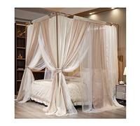 Mosquito Net Bed Canopy, Double Layer Linen Fabric with Corner Posts and Stainless Steel Brackets, Bedroom Decor