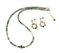 Moss Agate Necklace Waterweeds Agate Green Crystal Necklace Earring Set Black Agate Diamond-Cut Lucky Bead Clear Quartz Antique Meditation Necklace Vintage Prosperity Luck Tranquility(The set)