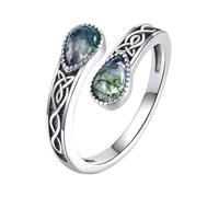 Moss Agate Ring 925 Sterling Silver Celtic Spoon Ring Adjustable Open Vintage Jewelry Gifts for Women