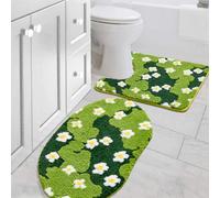 Moss Floral Bathroom Rugs Set 2 Piece, Non Slip Microfiber Green Grass Flowers Bath Mat 20x32 + Contour Toilet Rug 20x24 Machine Washable Great Absorbent, Cute Boho Aesthetic Bath Mat Set for Bathroom
