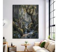 Moss Forest Deer Landscape Animals Painting On Canvas Living Bedroom, Large Size Print Posters Picture Green Wall Art Modern Home Decoration 32x47in Frameless