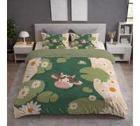 Moss Green Duvet Cover - Single 135 x 200 - Soft Lightweight, Machine Washable, Fluffy, Non Iron, Versatile - Cartoon Lotus Pond Cow Daisy Bedding - Duvet Cover Sets For Bedroom