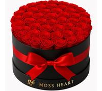 Moss Heart 50 Preserved Roses in Designer Round Box, Real Forever Roses, Long-Lasting 1+ Year, No Watering, Luxury Home Décor Arrangement, Valentine’s Day Gift for Wife or Girlfriend