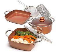 Moss & Stone 7 Pcs Copper Chef Cookware Non Stick Deep Frying Pan 9.5" x 3.5", Fry Basket, Dishwasher & Oven Safe, 5 Qt Deep Square Pot, Non Stick Pan & Round Pot, Induction Copper Cookware Set