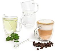 Moss & Stone Set of 4 Double Wall Glass Cup Clear Mug, Double Walled Coffee Mugs 7.4 Oz, Glass Tea Mugs, Insulated Coffee Mug With Handle & 2 Glass Spoons, Cappuccino Cups Set