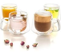 Moss & Stone Set of 4 Double Wall Glass Cup Clear Mug, Double Walled Coffee Mugs 7.5 Oz, Glass Tea Mugs, Insulated Coffee Mug With Handle.