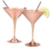 Mosscoff Copper Martini Glasses Set of 2 10oz Hand Hammered Solid Copper goblets with Exquisite Reinforcement Ring. - Bonus Pure Copper Straws - A Gift Set no one can Resist.