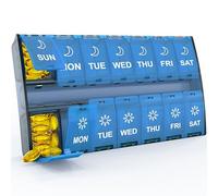 Mossime XL Weekly Pill Organiser, Pill Boxes 7 Day 2 Times A Day, Blue | 7 day am pm pill organiser, large compartments, hinged lids, centre lock, clear day and night marks