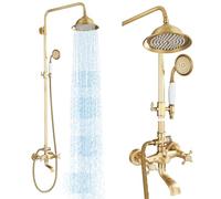 MOSSON Antique Brass Shower System Bathroom Shower Faucet Set with 8 Inch Shower Head Handheld Spray and 360 ° Rotation Tub Spout 2 Cross Handles Outdoor Shower Fixtures