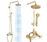 MOSSON Outdoor Shower Fixtures Antique Brass Shower Faucet System with 8 Inch Shower Head and Handheld Spray 2 Cross Handles Exposed Shower System Wall Mounted Copper Brass