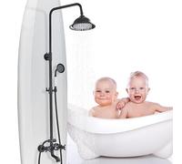 MOSSON Shower System Matte Black Outdoor Shower Fixtures with 8 Inch Shower Head Handheld Spray and Tub Spout 2 Cross Handles Wall Mounted Shower Faucet Set for Bathroom or Backyard