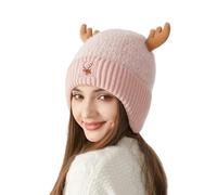 MOSSTYUS Cute Reindeer Moose Hat Winter Warm Knitted Beanie Cap Christmas Antler Beanie Ski Skull Cap for Women Men, Pink 3#, One Size