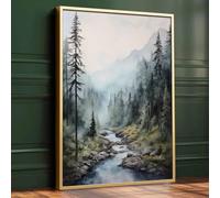 Mostemauo Watercolor Scenery Wall Art Misty Forest Picture Green Nature Foggy Forest Poster Mountain Landscape Print 16x24in Unframed