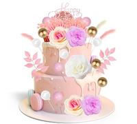MOSTFUN 36 PCS Boho Cake Decorations, Birthday Cake Toppers with Artificial Flowers Leaves Palm Fans Dried Grasses Cake Balls Card, Reusable Cake Decorating Toppers for Birthday Wedding Party