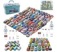 Mostop 100 PCS Mini Pull Back Car Set, Pull Back Racing Vehicles for Kids Toddlers, Kids Party Favors Car Pack Toy with Storage Box and Map, Bulk Small Vehicles, Push and Go Racing Cars for Kids