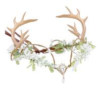 MOSTORY Antlers Flower Crown for Medieval Costume Women, White Elf Headpiece with Flowers and Gemstones for Cosplay Carnival Halloween Book Day May Day Accessories