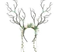 MOSTORY Antlers Headband for Renaissance Cotume Women, Green Elf Branches Headwear with Flowers and Butterfly for Carnival Halloween Deer Cosplay Festival Hair Accessories