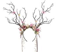 MOSTORY Antlers Headband for Renaissance Cotume Women, Pink Elf Branches Headpiece with Flowers and Butterfly for Cosplay Carnival Halloween Deer Festival Hair Accessories