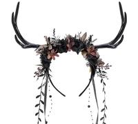 MOSTORY Black Flower Antler Headpiece - Dark Floral Reindeer Headband for Witch Aesthetic Cosplay Renaissance Accessories Women, Gothic Deer Horns Headband with Vine for Fantasy Photo Shoot
