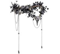 MOSTORY Black Raven Elf Crown - Gothic Flower Headpiece with Tassel for Witch Accessories Women, Dark Floral Circlet for Renaissance Renfaire Halloween Witchcore Cosplay