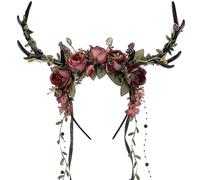MOSTORY Dark Flower Antler Headband - Floral Black Reindeer Headpiece for Renaissance Accessories Women, Woodland Deer Hairband with Vine for Mother Nature Costume Cosplay Fairy Aesthetic