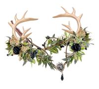 MOSTORY Deer Antlers Headpiece for Renaissance Costume Women, Black Green Elf Leaf Flower Crown for Cosplay Fancy Halloween Carnival Book Day Wedding Accessories